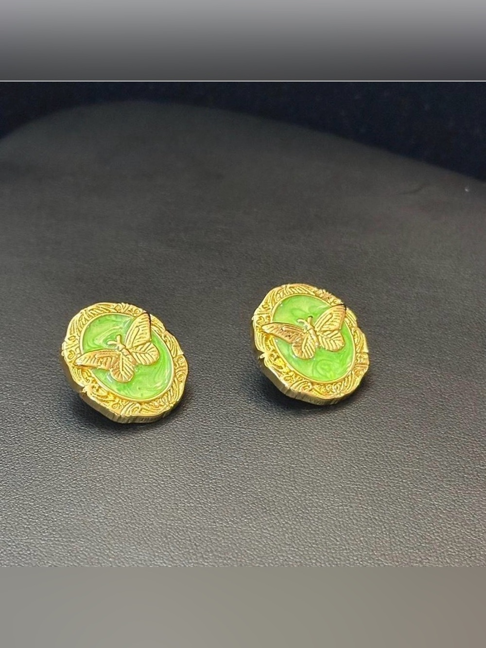 Gold Butterfly Green Enamel Stud Earrings